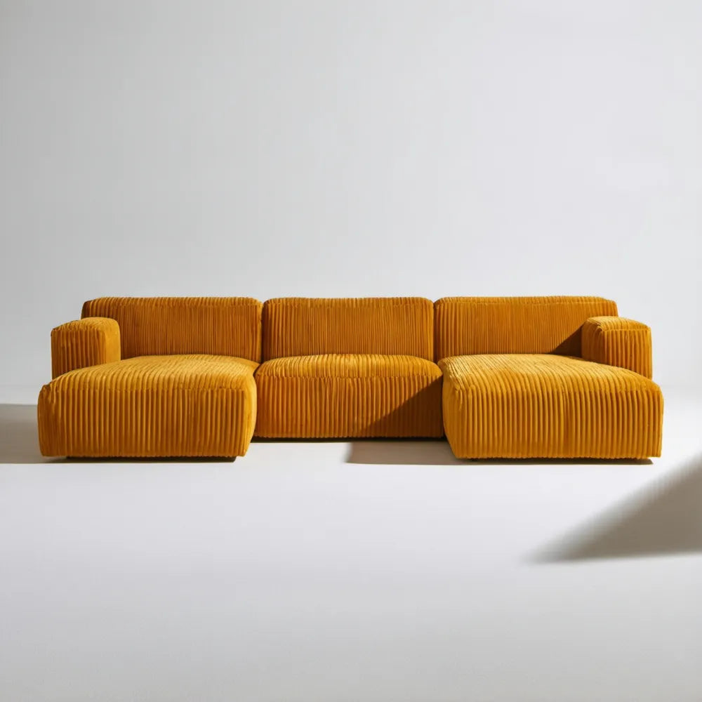 Modułowa sofa sztruksowa w kształcie U, musztardowa, 300 x 160 x 75 cm