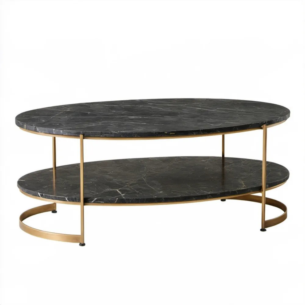 Owalny stolik kawowy z półką MDF czarny marmur i złota stal 120 x 60 x 45 cm
