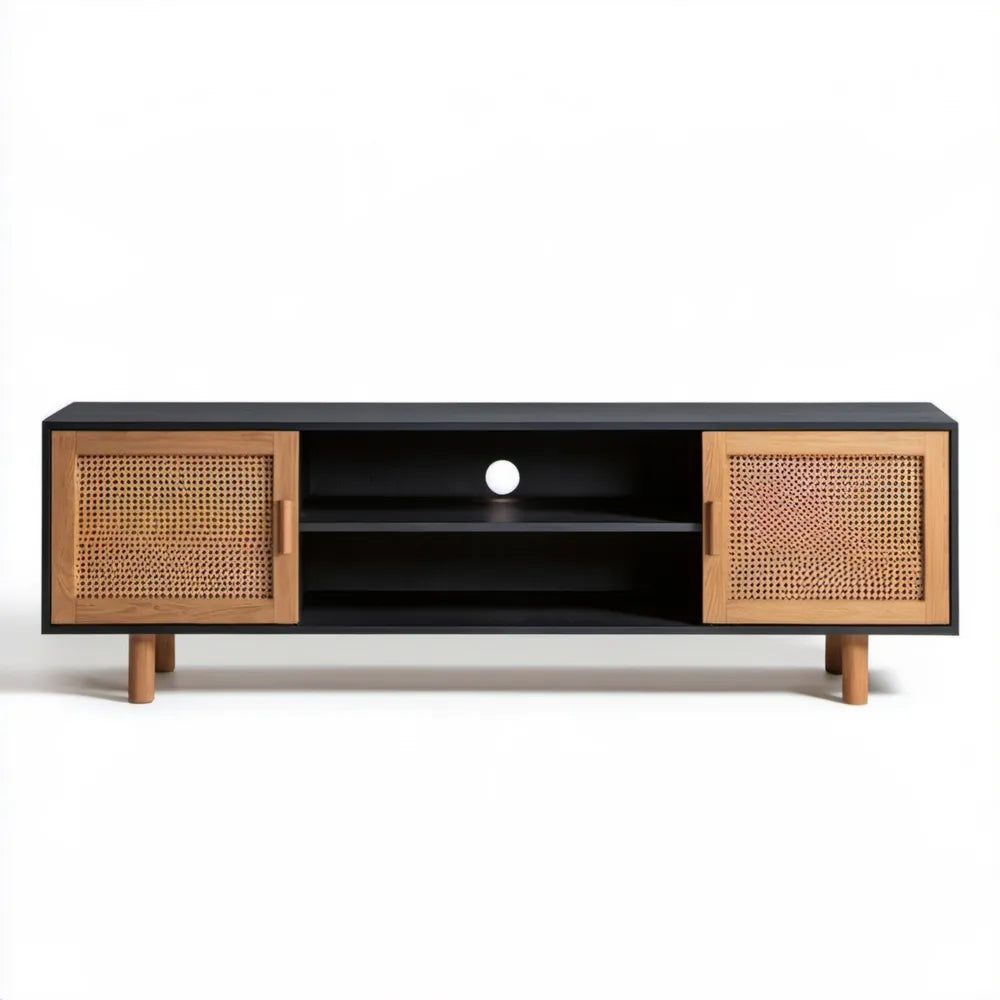 Szafka RTV 160 x 40 x 55 cm z MDF i litego drewna dębowego, czarna i naturalna, z frontami rattanowymi