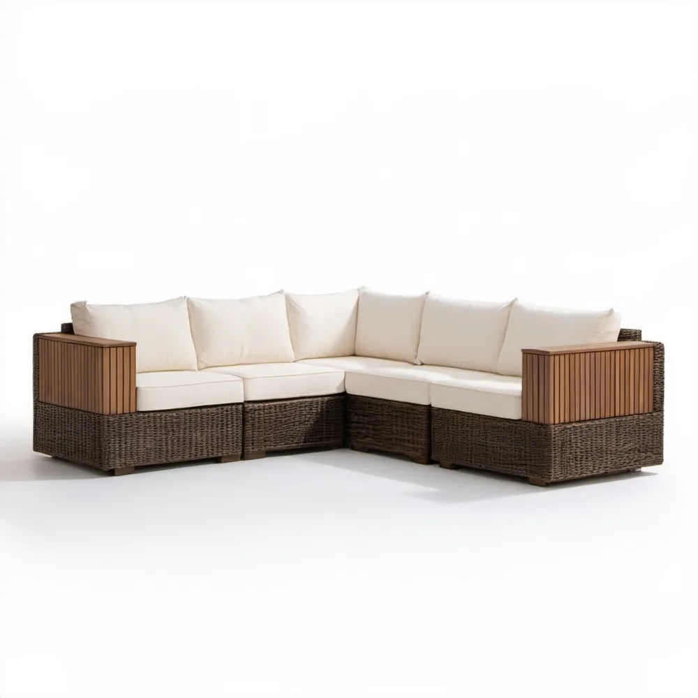 Ogrodowa sofa narożna z technorattanu PE i drewna akacjowego, brązowo-kremowa, 280 x 210 x 72 cm