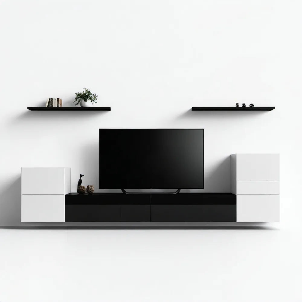 Meblościanka RTV biało-czarna 300 x 40 x 180 cm z 2 półkami ściennymi
