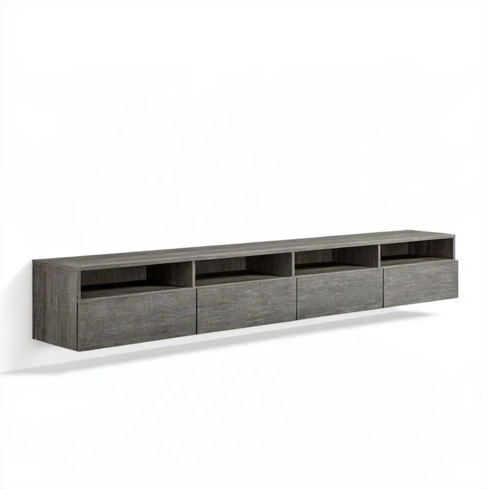Wisząca szafka multimedialna szara w dekorze ciemnego drewna, 200 × 35 × 40 cm