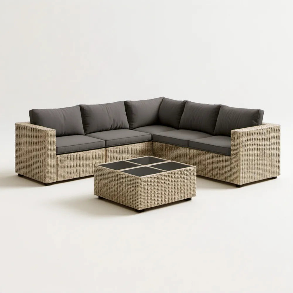 Narożny zestaw wypoczynkowy z technorattanu, beżowy z antracytowymi poduszkami, sofa 250 × 250 × 75 × 70 cm, stolik 80 × 80 × 38 cm