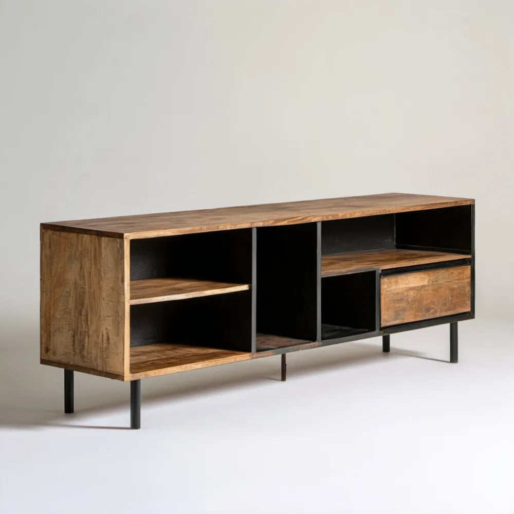 Szafka RTV z litego drewna mango, naturalny brąz/czarny, 160 x 40 x 55 cm