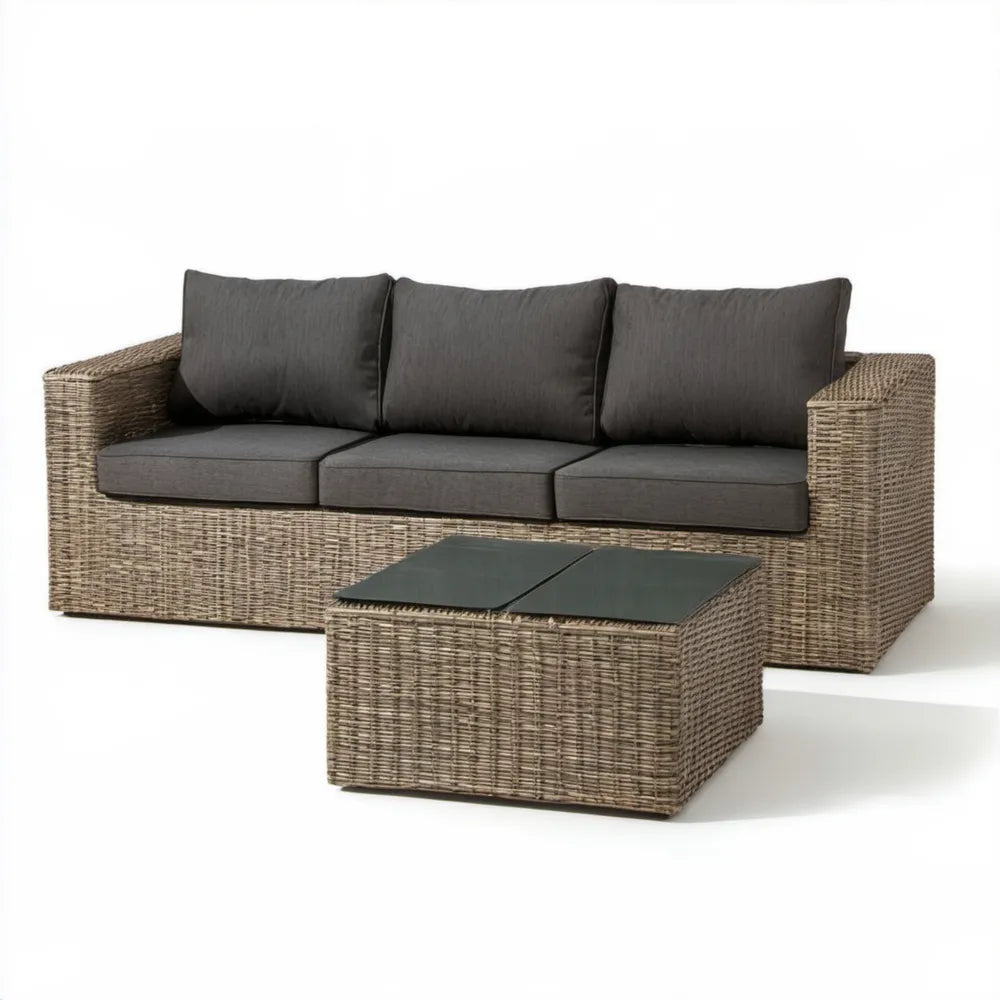 Komplet wypoczynkowy z technorattanu PE, sofa 200 x 80 x 85 cm i stolik 100 x 60 x 45 cm, brązowo-szary/ciemnoszary/czarny
