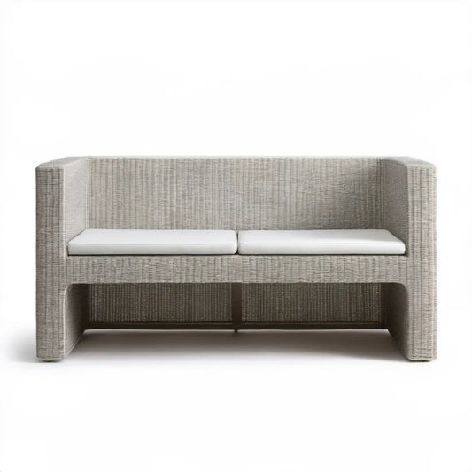 Dwuosobowa sofa ogrodowa z technorattanu jasnoszara z białymi poduszkami 160 x 80 x 75 cm