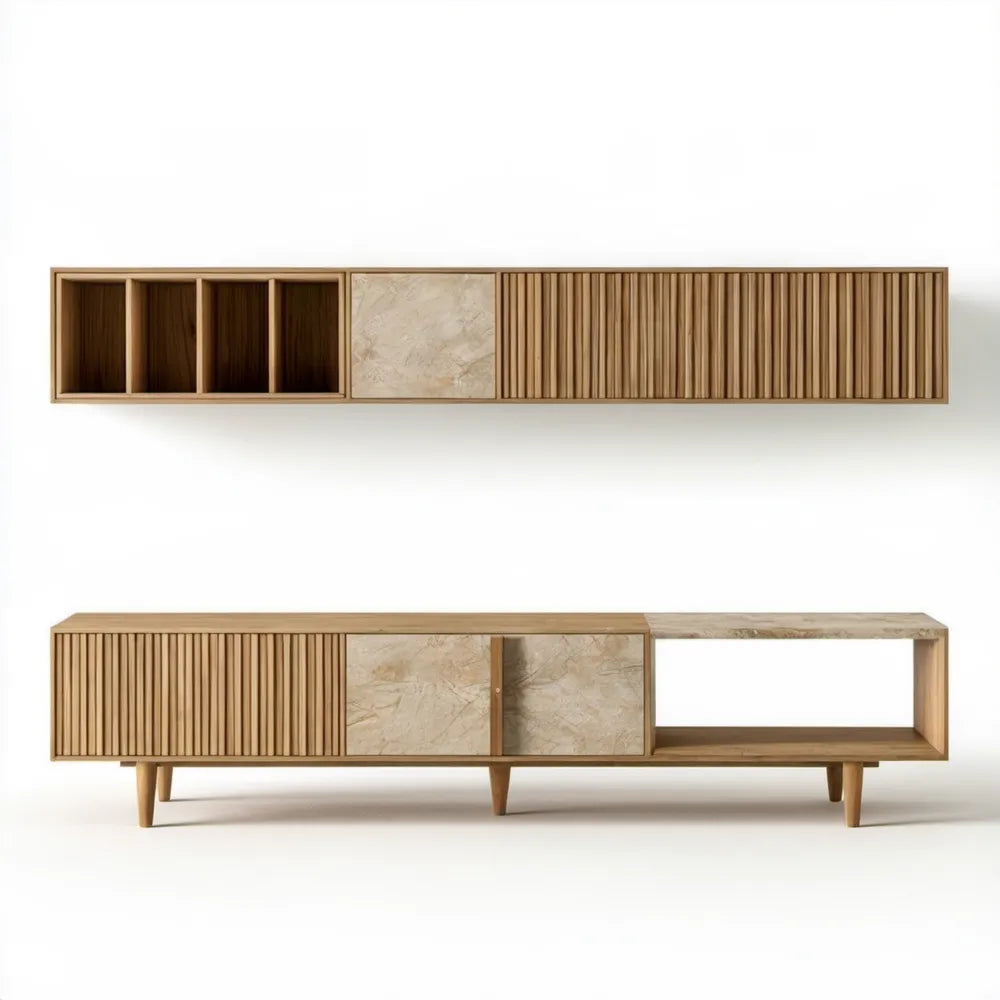 Dwuelementowy zestaw mebli z MDF w kolorze naturalnego dębu i jasnego marmuru, 180 × 40 × 55 cm + 180 × 30 × 35 cm