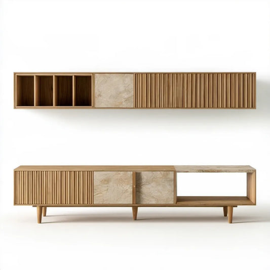 Dwuelementowy zestaw mebli z MDF w kolorze naturalnego dębu i jasnego marmuru, 180 × 40 × 55 cm + 180 × 30 × 35 cm