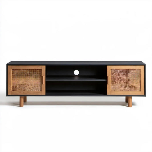 Szafka RTV 160 x 40 x 55 cm z MDF i litego drewna dębowego, czarna i naturalna, z frontami rattanowymi