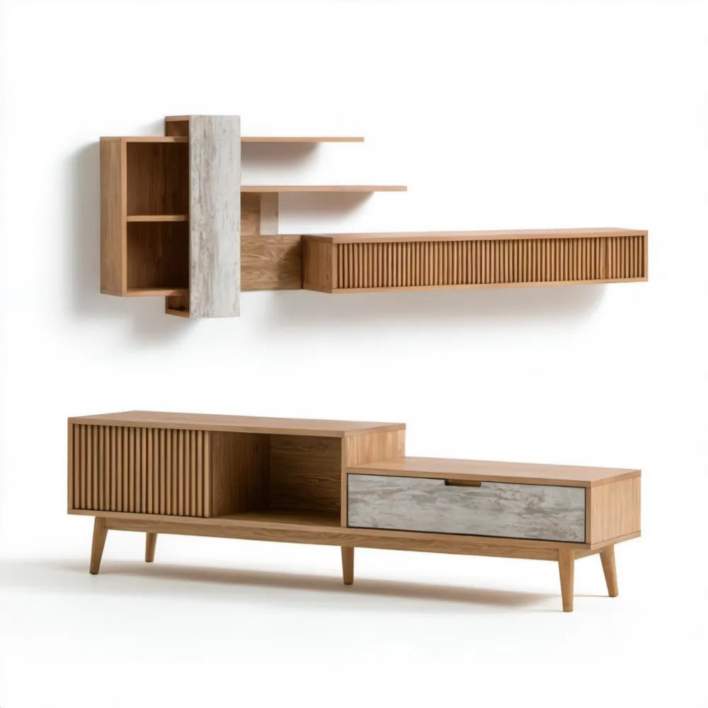 Zestaw mebli RTV dąb naturalny i szary marmur – szafka stojąca 180 × 40 × 50 cm oraz moduł wiszący 180 × 30 × 90 cm