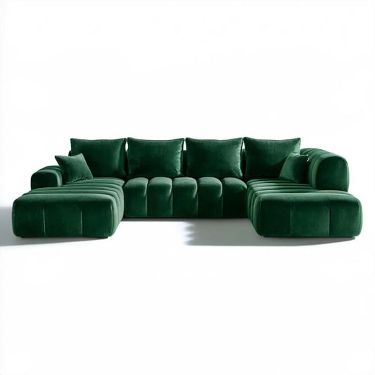 Ciemnozielona narożna sofa w kształcie U z dwoma szezlongami, aksamit poliestrowy, 300 × 180 × 75 cm