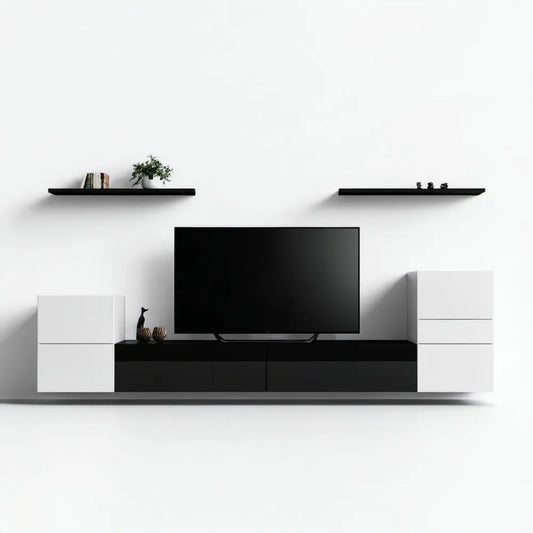 Meblościanka RTV biało-czarna 300 x 40 x 180 cm z 2 półkami ściennymi