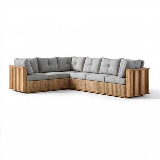 Modułowa narożna sofa ogrodowa z technorattanu PE i drewna akacjowego, szaro-beżowa, 300 × 230 × 85 cm