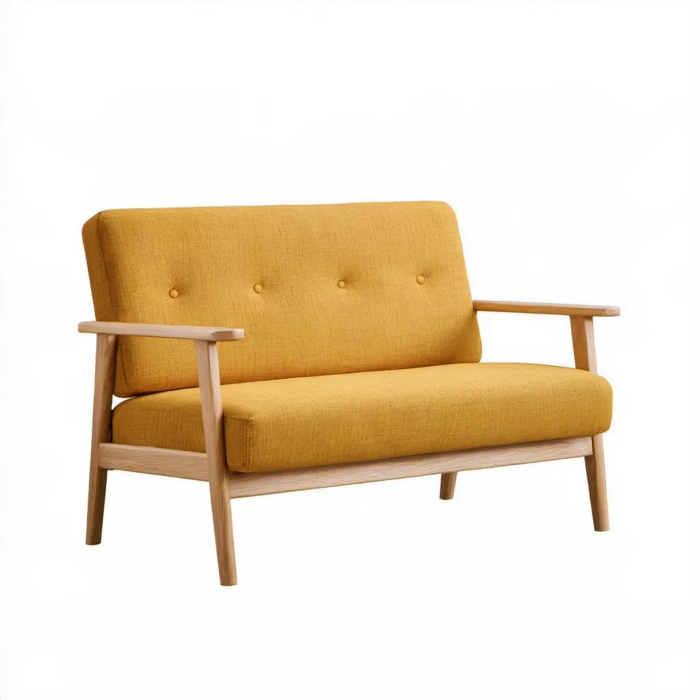 Dwuosobowa sofa musztardowa z ramą z litego drewna bukowego 130 x 75 x 80 cm
