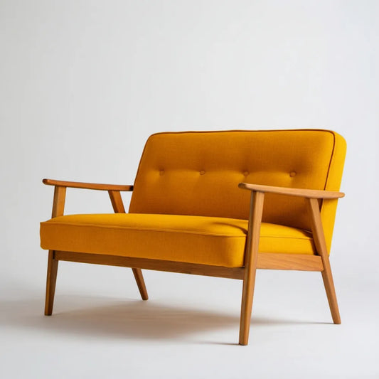 Musztardowa sofa dwuosobowa retro z drewnianymi podłokietnikami 120 x 75 x 82 cm