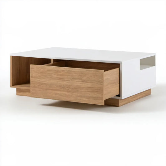 Stolik kawowy MDF biały i dąb naturalny 100 × 60 × 35 cm z szufladą