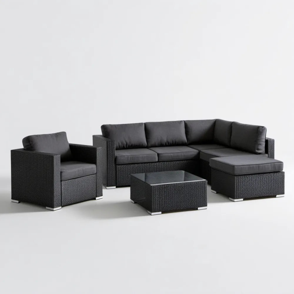 4-elementowy zestaw ogrodowy z technorattanu PE ze szklanym stolikiem, czarny/antracytowy, sofa 190 x 70 x 65 cm
