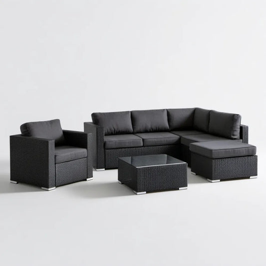 4-elementowy zestaw ogrodowy z technorattanu PE ze szklanym stolikiem, czarny/antracytowy, sofa 190 x 70 x 65 cm