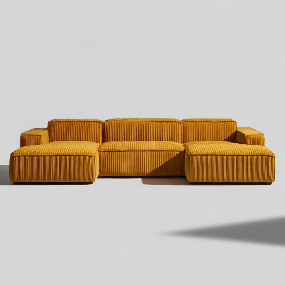 Modułowa sofa w kształcie U ze sztruksu, musztardowa, 300 x 160 x 75 cm
