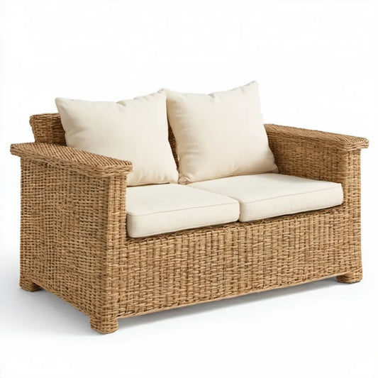 Dwuosobowa sofa z naturalnego rattanu z kremowymi poduszkami, naturalny brąz, 124 x 70 x 80 cm