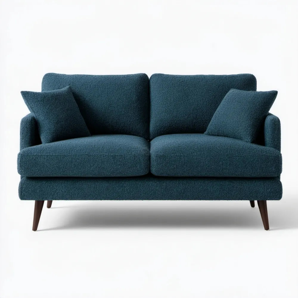 Granatowa sofa dwuosobowa bouclé z ciemnobrązowymi nogami, 160 × 88 × 86 cm