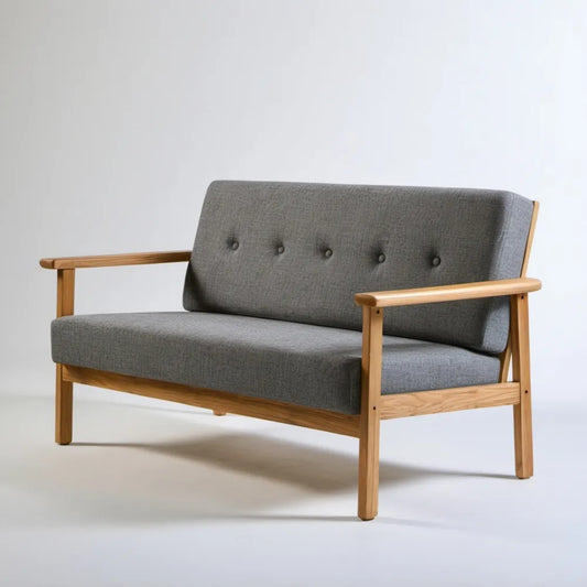 Szara sofa dwuosobowa z litego drewna kauczukowego, 130 x 75 x 80 cm