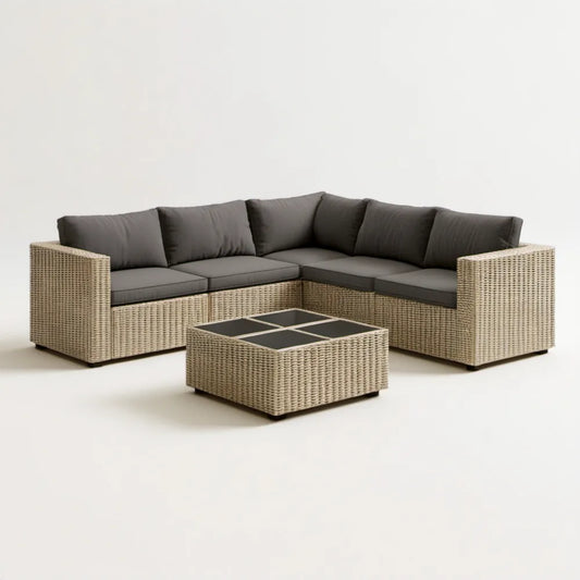 Narożny zestaw wypoczynkowy z technorattanu, beżowy z antracytowymi poduszkami, sofa 250 × 250 × 75 × 70 cm, stolik 80 × 80 × 38 cm