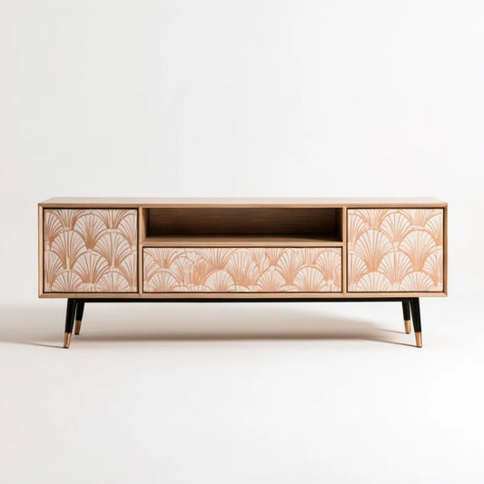 Szafka RTV art déco z forniru dębowego beżowo-złoto-czarna 160 × 40 × 60 cm
