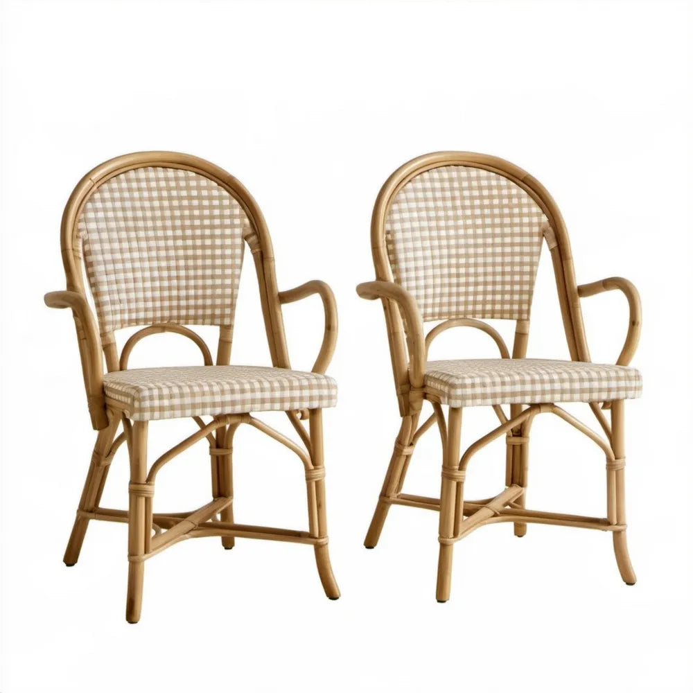 Zestaw 2 rattanowych krzeseł z podłokietnikami, beżowo-białe, 56 × 60 × 94 cm