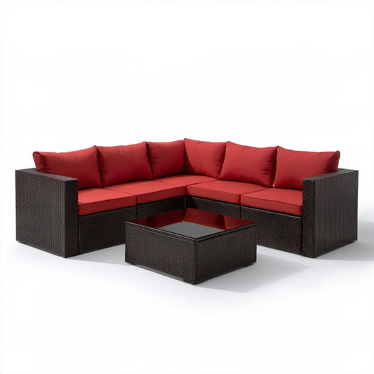 Narożnik ogrodowy z technorattanu PE 200 x 200 x 65 cm, brązowy z czerwonymi poduszkami i stolikiem 70 x 70 cm