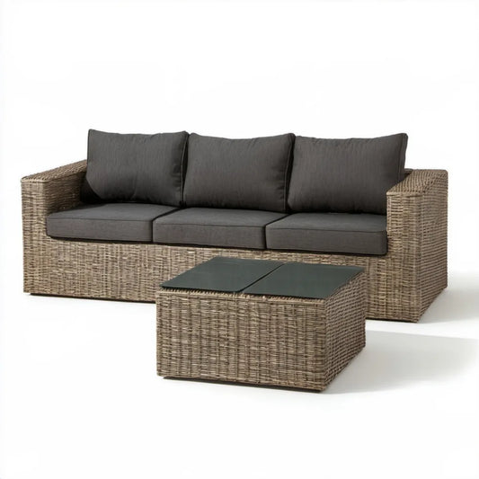Komplet wypoczynkowy z technorattanu PE, sofa 200 x 80 x 85 cm i stolik 100 x 60 x 45 cm, brązowo-szary/ciemnoszary/czarny