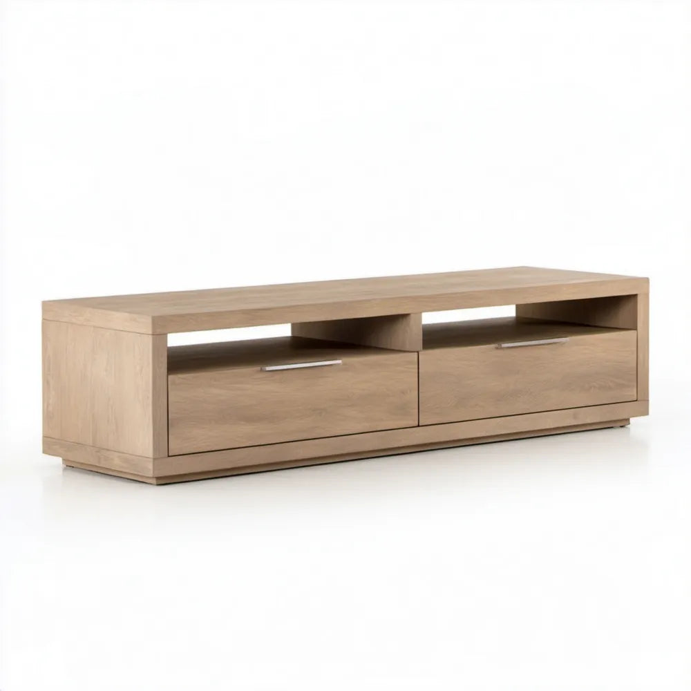 Szafka RTV z MDF w fornirze dębowym, jasny dąb, srebrne uchwyty, 160 × 45 × 50 cm